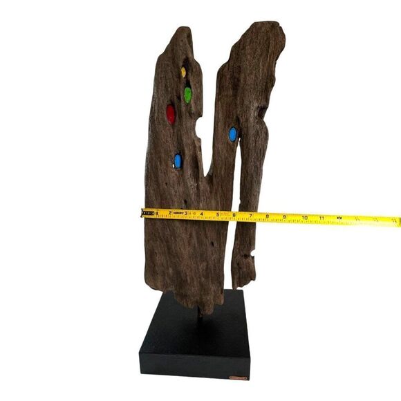 Unique Driftwood Sculpture With Colorful Glass Accents On Base Signed MCM Retro - Picture 5 of 11